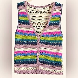 LISTICLE Multi Color Crochet Button Down Sleeveless Vest, Size Small, EUC.